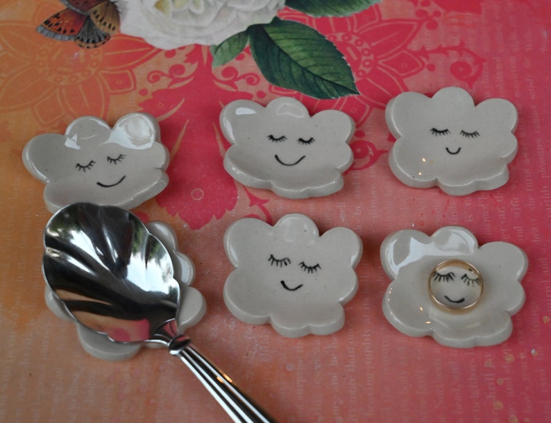 Cloud chopstick rest. Paint brush rest. Knife rest. Teeny tiny ring dish. Teaspoon rest. Smiling cloud. Shower favors. Pill holder.