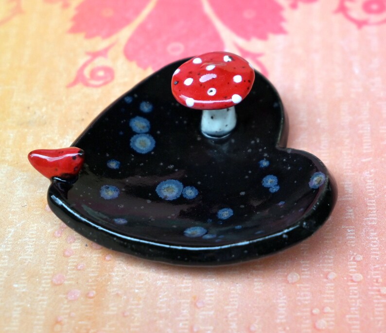 Ring holder. Red cardinal ring holder. Mushroom pill holder. Pill holder. Whimsical chopstick rest. Teaspoon rest. Coffee spoon rest