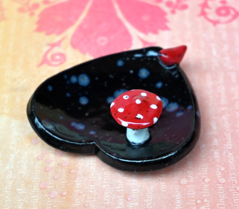 Ring holder. Red cardinal ring holder. Mushroom pill holder. Pill holder. Whimsical chopstick rest. Teaspoon rest. Coffee spoon rest