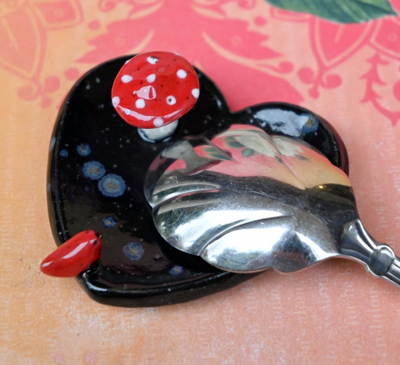 Ring holder. Red cardinal ring holder. Mushroom pill holder. Pill holder. Whimsical chopstick rest. Teaspoon rest. Coffee spoon rest