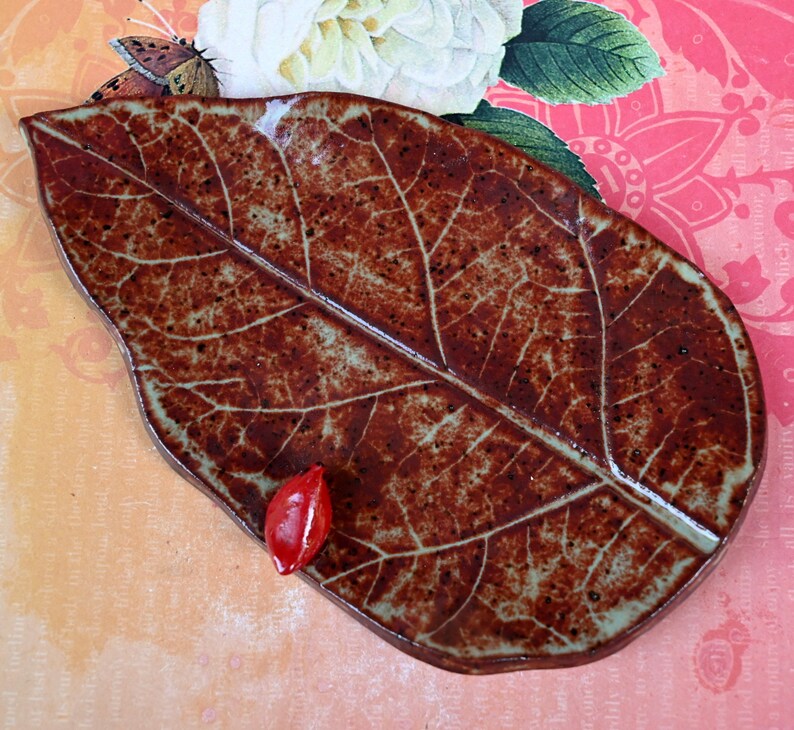Spoon rest. Soap holder. Leaf spoon rest. Leaf with red cardinal. Tea bag rest. Trinket dish. Ring holder. Jewelry holder. Soap dish
