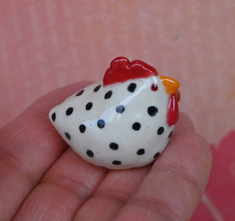 Ceramic chicken figurine. Ceramic chicken. Miniature polka dot chicken sculpture. Hand sculpted hand painted chicken. Terrarium figurine.