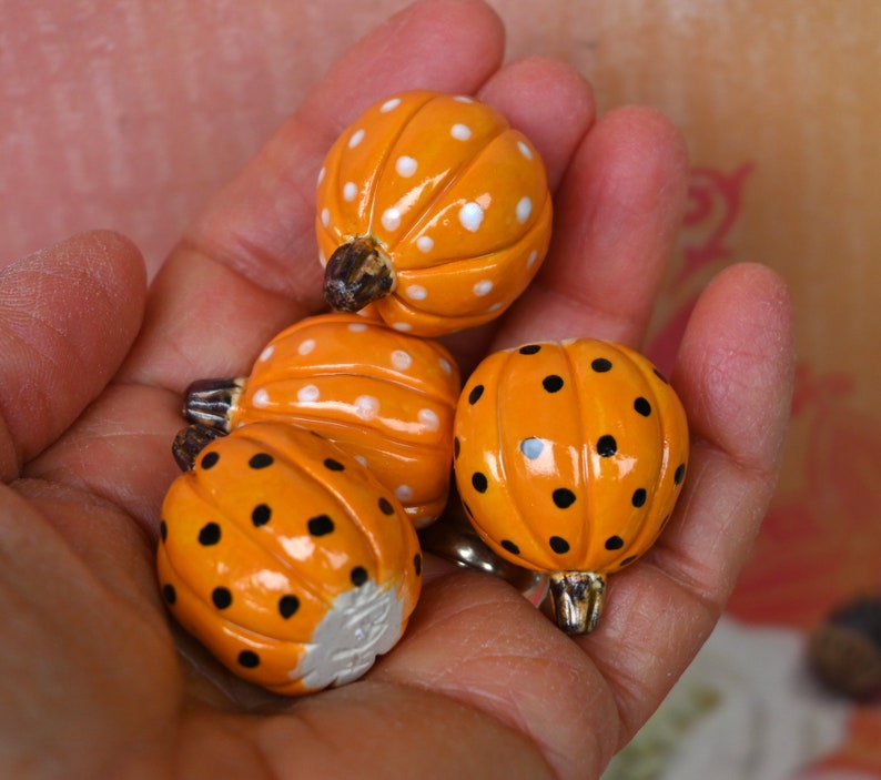 Miniature pumpkin with WHITE polka dots. Halloween decoration. Fall decoration. Thanksgiving pumpkin. Ceramic pumpkin. Pumpkin