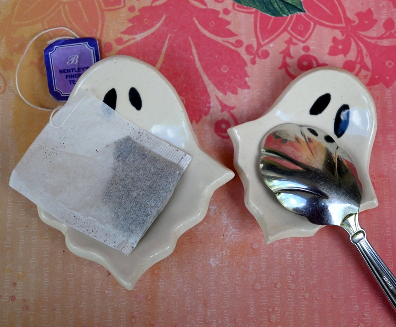Ceramic ghosts set of two. Ring holders. Teaspoon rests. Tea bag rests. Halloween decoration. Trinket dishes. Tea light holders.