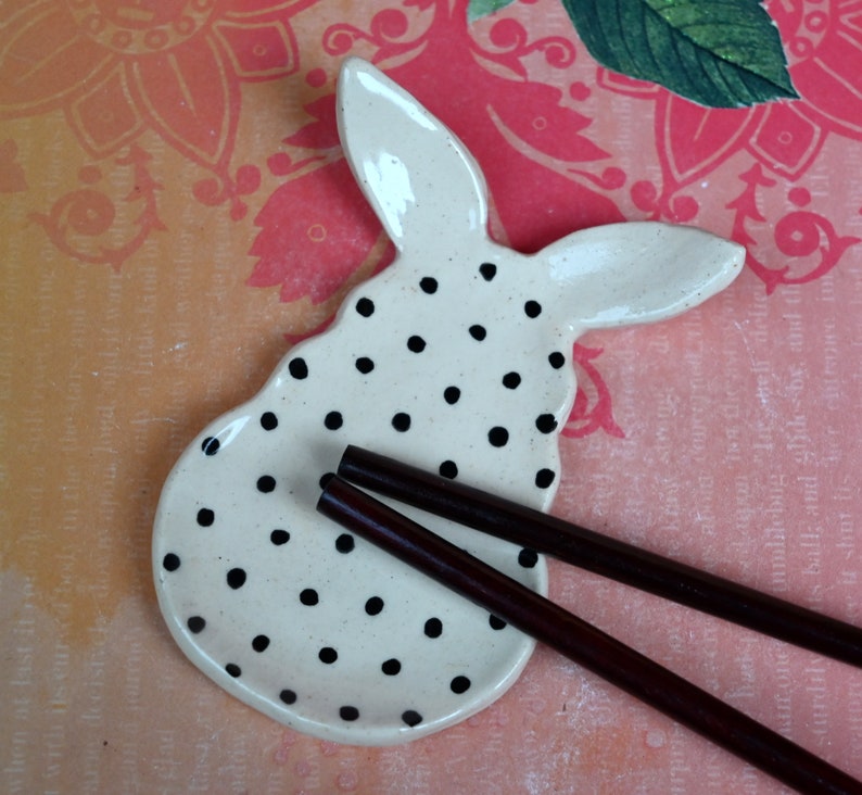 Cotton Tail Bunny ring holder. Polka dot bunny. Tea bag rest. Pill holder. Chopstick rest. Teaspoon rest. Tea light holder. Trinket dish