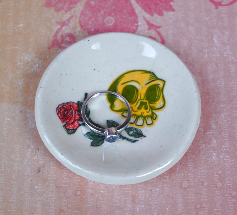 Skull and rose ring holder. Teaspoon rest. Tea bag rest. Spooky skull and rose dish. Pill holder. Chopstick rest. Candy bowl