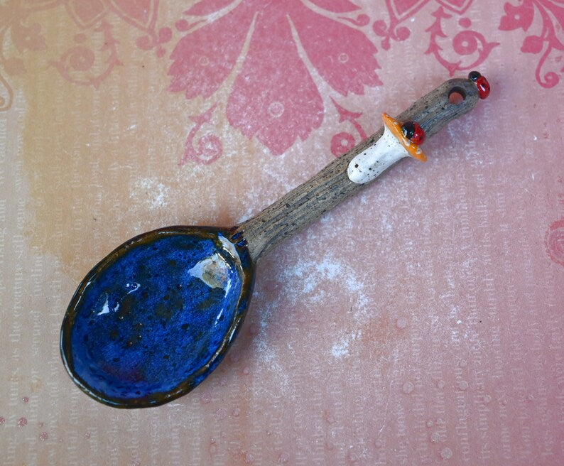 Ceramic spoon. Mushroom spoon. Ladybug spoon. Twig spoon. Wooden ceramic spoon. Whimsical wall art spoon. Pottery spoon. Wall art. Ladybugs
