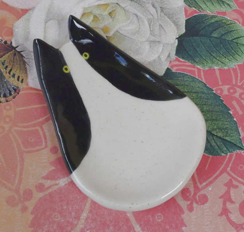 Tuxedo cat ring holder. Cat trinket dish. Teaspoon rest. Tea bag rest. Coffee spoon rest. Pill holder. Chop stick rest. Tea light holder