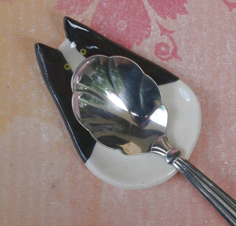 Tuxedo cat ring holder. Cat trinket dish. Teaspoon rest. Tea bag rest. Coffee spoon rest. Pill holder. Chop stick rest. Tea light holder