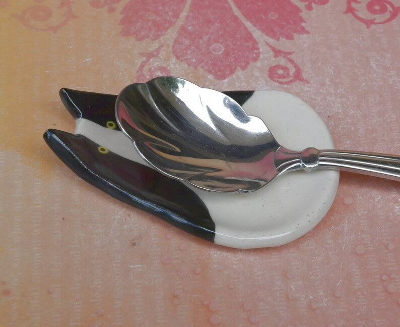 Tuxedo cat ring holder. Cat trinket dish. Teaspoon rest. Tea bag rest. Coffee spoon rest. Pill holder. Chop stick rest. Tea light holder
