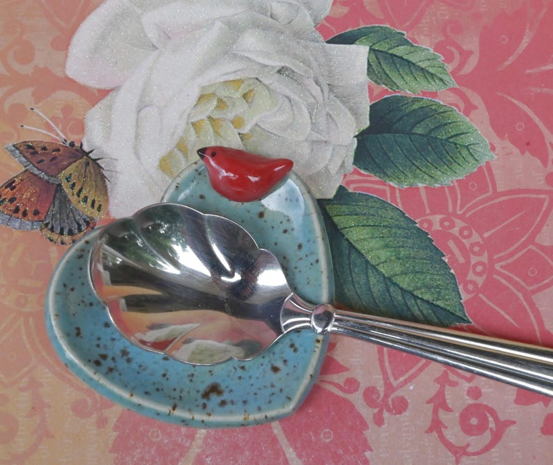 Red Cardinal ring holder. Teeny ring dish. Teaspoon rest. Coffee spoon rest. pill holder. Chopstick rest. Knife rest . Tea light holder