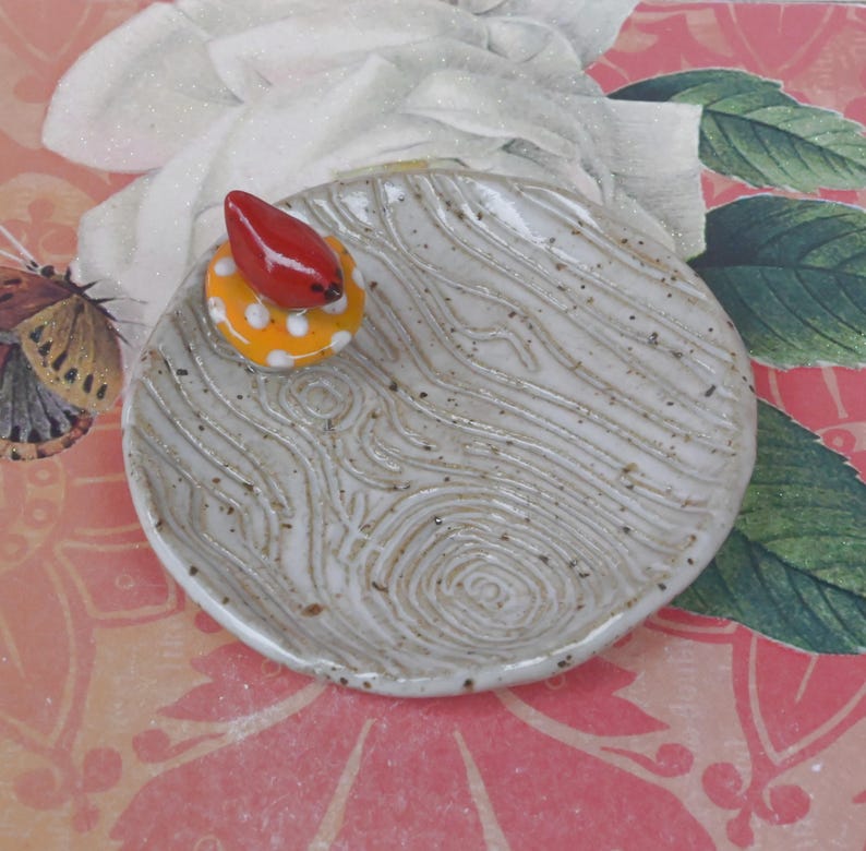 Red Cardinal teaspoon rest. Mushroom ring holder. Coffee spoon rest. Sushi chopstick rest. Pill holder. Trinket dish. Amanita mushroom