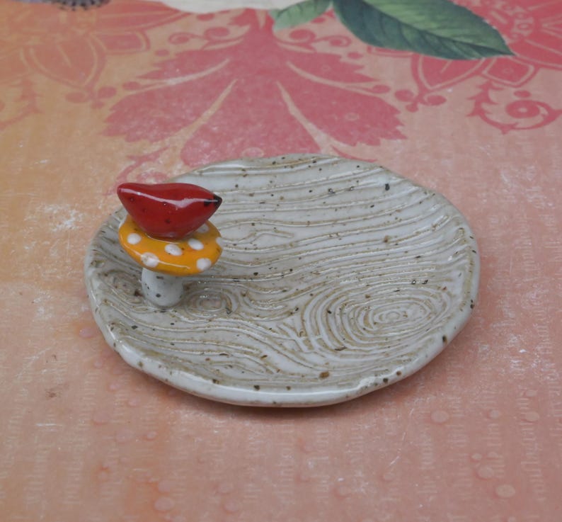 Red Cardinal teaspoon rest. Mushroom ring holder. Coffee spoon rest. Sushi chopstick rest. Pill holder. Trinket dish. Amanita mushroom