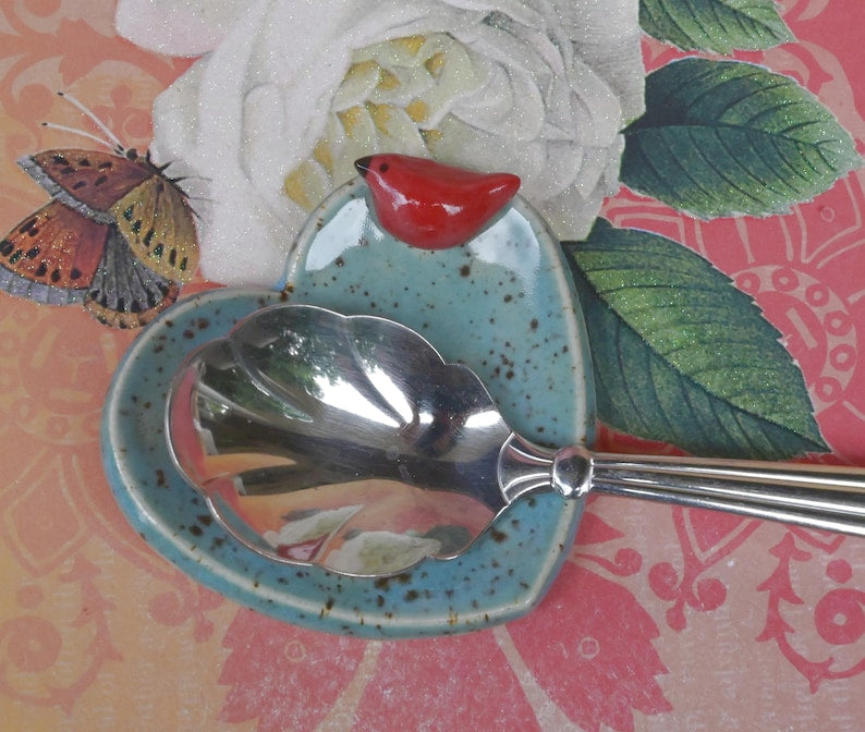 Red Cardinal ring holder. Teeny ring dish. Teaspoon rest. Coffee spoon rest. pill holder. Chopstick rest. Knife rest . Tea light holder