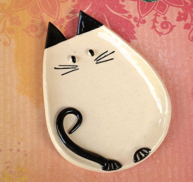 Siamese cat spoon rest. Soap holder. Jewelry holder. Cat plate. Cat ring holder. Trinket dish. Tea bag rest. Siamese cat ring dish