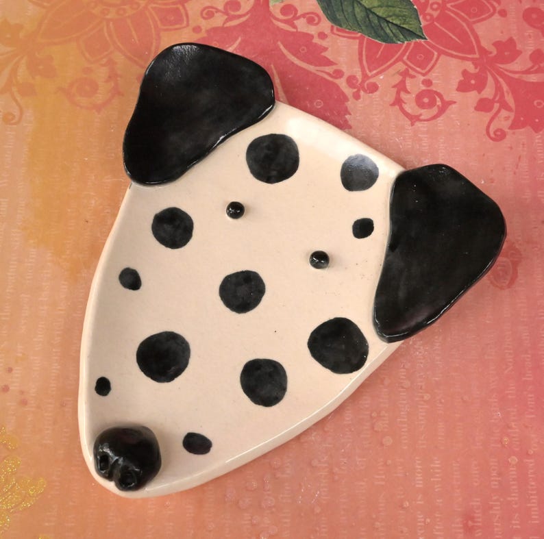 Dalmatian dog spoon rest. Ceramic dog jewelry holder. Dog soap holder. Dog tea bag rest. Ring and jewelry holder. Trinket dish.