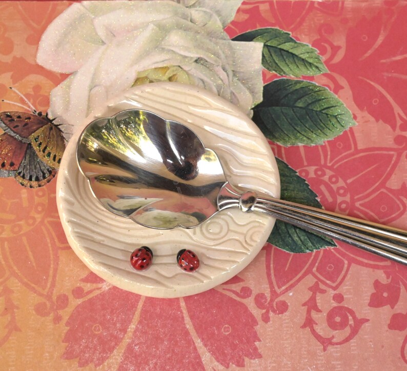 Ladybug ring holder. Tea bag rest. Teaspoon rest. Coffee spoon rest. Tea light holder. Trinket dish. Chopstick rest. Pill holder