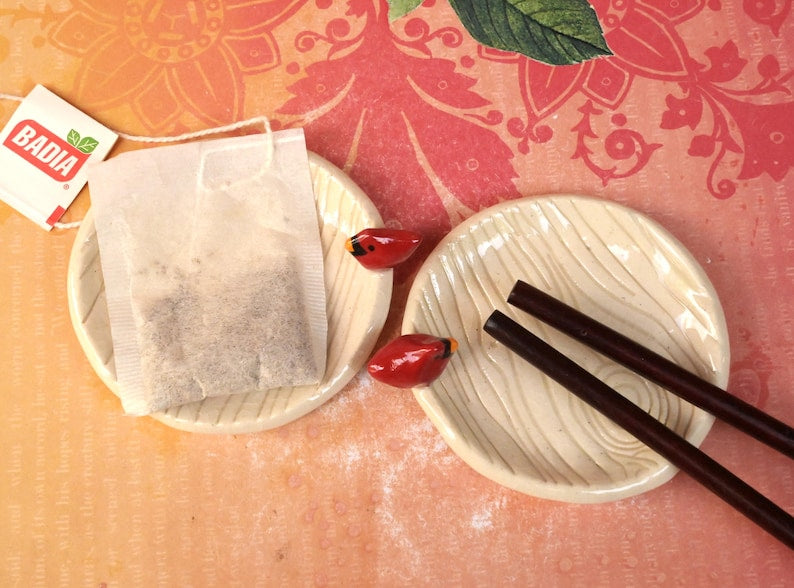 Red Cardinal ring holder. Tea bag rest. Teaspoon rest. Ring holder. Trinket dish. Chopstick rest. Pill holder. Tea light holder
