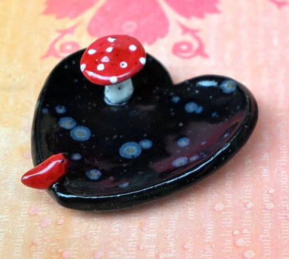 Ring holder. Red cardinal ring holder. Mushroom pill holder. Pill holder. Whimsical chopstick rest. Teaspoon rest. Coffee spoon rest