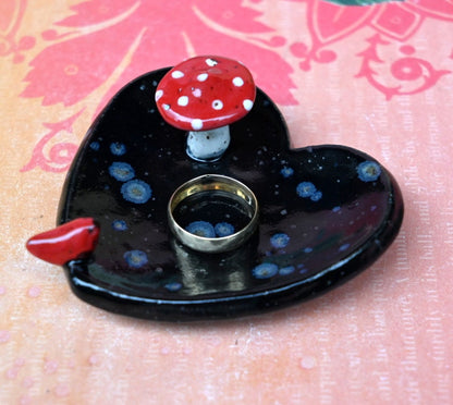 Ring holder. Red cardinal ring holder. Mushroom pill holder. Pill holder. Whimsical chopstick rest. Teaspoon rest. Coffee spoon rest