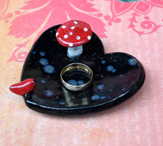 Ring holder. Red cardinal ring holder. Mushroom pill holder. Pill holder. Whimsical chopstick rest. Teaspoon rest. Coffee spoon rest