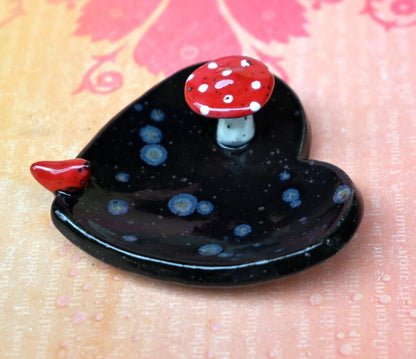 Ring holder. Red cardinal ring holder. Mushroom pill holder. Pill holder. Whimsical chopstick rest. Teaspoon rest. Coffee spoon rest