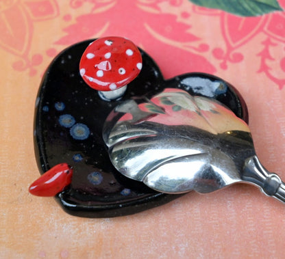 Ring holder. Red cardinal ring holder. Mushroom pill holder. Pill holder. Whimsical chopstick rest. Teaspoon rest. Coffee spoon rest