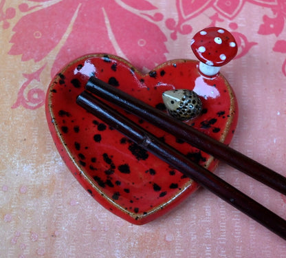 Ring holder. Red cardinal ring holder. Mushroom pill holder. Pill holder. Whimsical chopstick rest. Teaspoon rest. Coffee spoon rest