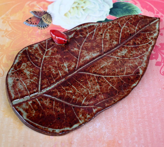 Spoon rest. Soap holder. Leaf spoon rest. Leaf with red cardinal. Tea bag rest. Trinket dish. Ring holder. Jewelry holder. Soap dish