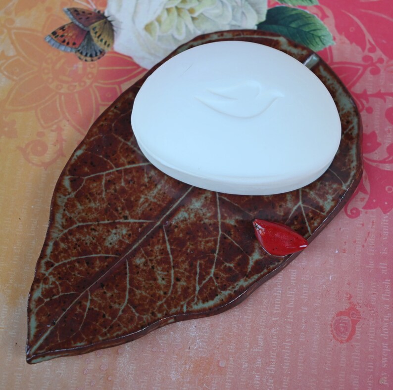 Spoon rest. Soap holder. Leaf spoon rest. Leaf with red cardinal. Tea bag rest. Trinket dish. Ring holder. Jewelry holder. Soap dish