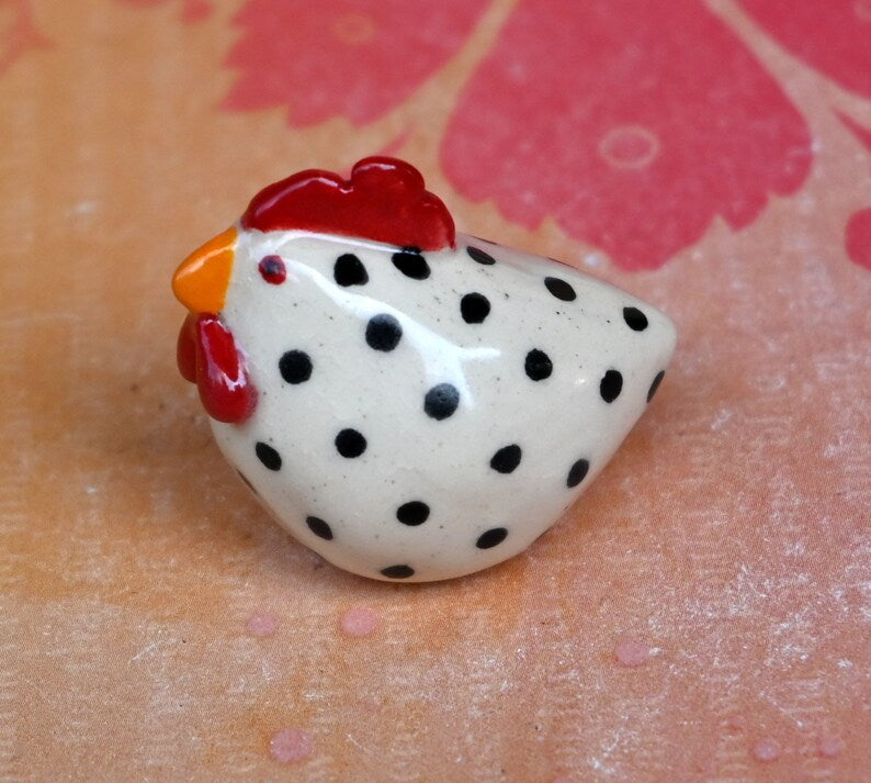 Ceramic chicken figurine. Ceramic chicken. Miniature polka dot chicken sculpture. Hand sculpted hand painted chicken. Terrarium figurine.