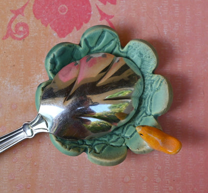 Teeny bird ring holder. Flower ring bowl. Teaspoon rest. Tea bag rest. Coffee spoon rest. Pill holder. Chopstick rest. Teeny trinket dish