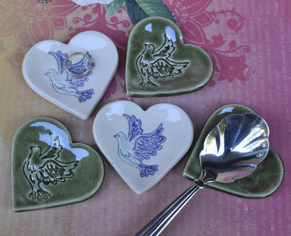 Dove ring holder. ONE ring dish. Teaspoon rest. Coffee spoon rest. Bird dish. Pill holder. Chopstick rest. Knife rest. Paint brush rest.