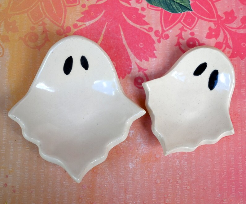 Ceramic ghosts set of two. Ring holders. Teaspoon rests. Tea bag rests. Halloween decoration. Trinket dishes. Tea light holders.