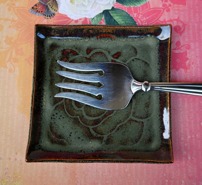 Ceramic spoon rest. Square bread plate. Jewelry holder. Sushi plate. Trinket dish. Soap holder