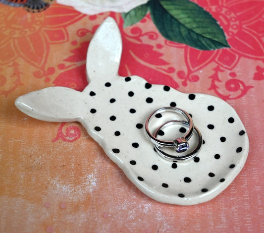Cotton Tail Bunny ring holder. Polka dot bunny. Tea bag rest. Pill holder. Chopstick rest. Teaspoon rest. Tea light holder. Trinket dish