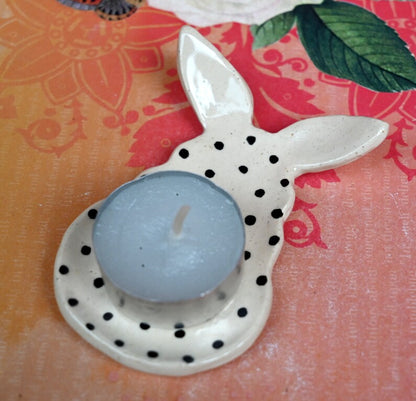 Cotton Tail Bunny ring holder. Polka dot bunny. Tea bag rest. Pill holder. Chopstick rest. Teaspoon rest. Tea light holder. Trinket dish
