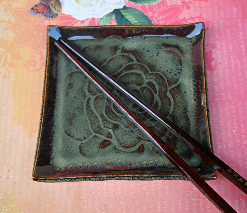 Ceramic spoon rest. Square bread plate. Jewelry holder. Sushi plate. Trinket dish. Soap holder