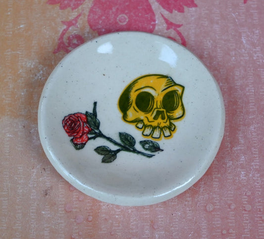 Skull and rose ring holder. Teaspoon rest. Tea bag rest. Spooky skull and rose dish. Pill holder. Chopstick rest. Candy bowl