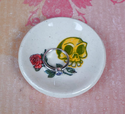 Skull and rose ring holder. Teaspoon rest. Tea bag rest. Spooky skull and rose dish. Pill holder. Chopstick rest. Candy bowl