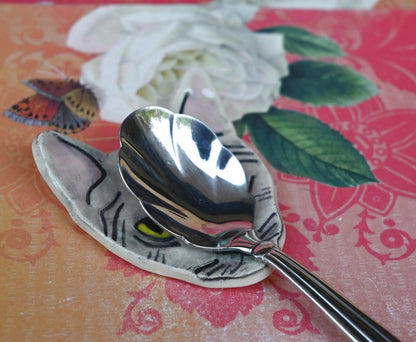 Cat teaspoon rest. Ring holder. Tea bag rest. Cat decoration. Trinket dish. Pill holder. Tea light holder. Chopstick rest. Paint brush rest.