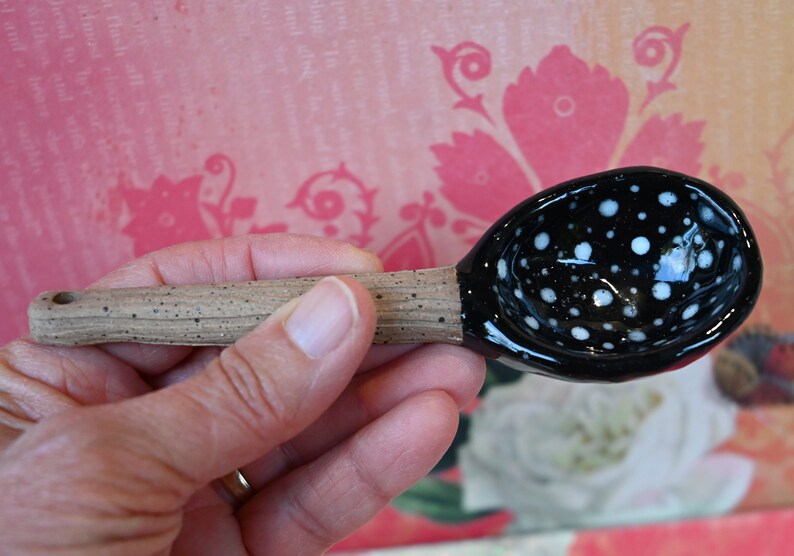 Ceramic spoon. Mushroom spoon. Amanita mushroom spoon. Twig spoon. Polka dot spoon. Whimsical wall art spoon. Pottery spoon.