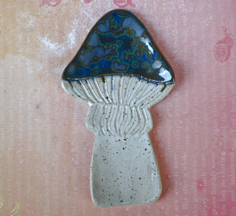Mushroom teaspoon rest. Amanita mushroom tea bag rest. Blue Mushroom trinket dish. Mushroom ring holder. Ring holder. Coffee spoon rest.