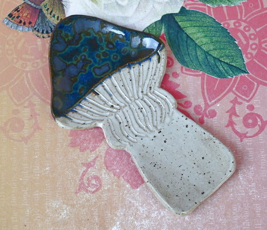 Mushroom teaspoon rest. Amanita mushroom tea bag rest. Blue Mushroom trinket dish. Mushroom ring holder. Ring holder. Coffee spoon rest.