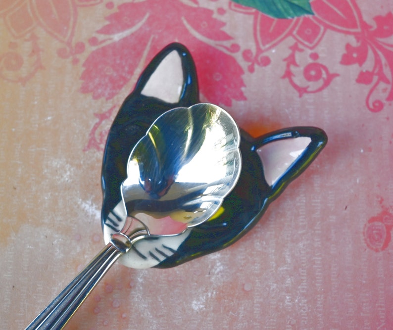 Tuxedo cat teaspoon rest. Ring holder. Trinket dish. Pill holder. Tea light holder. Chopstick rest. Paint brush rest. Pill holder