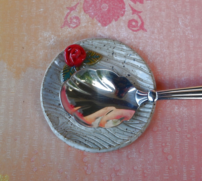 Rose teeny ring holder. Tea bag rest. Teaspoon rest. Coffee spoon rest. Sushi chopstick rest. Tea bag rest. Pill holder. Trinket dish