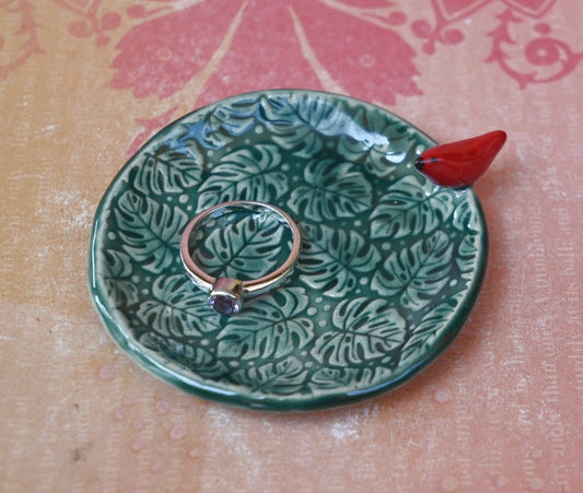 Red Cardinal ring holder. Monstera leaf tea bag rest. Teaspoon rest. Ring holder. Trinket dish. Chopstick rest. Tea light holder.