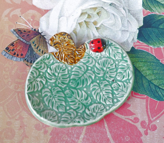 Pumpkin Ladybug ring holder. Monstera leaf pumpkin. Teaspoon rest. Ring holder. Trinket dish. Chopstick rest. Tea light holder. Harvest dish