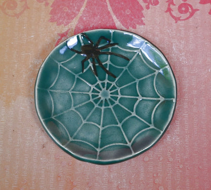 Spooky Halloween teaspoon rest. ORANGE spider web ring holder. Tea bag rest. Halloween decor. Trinket dish. Spooky tea light holder.