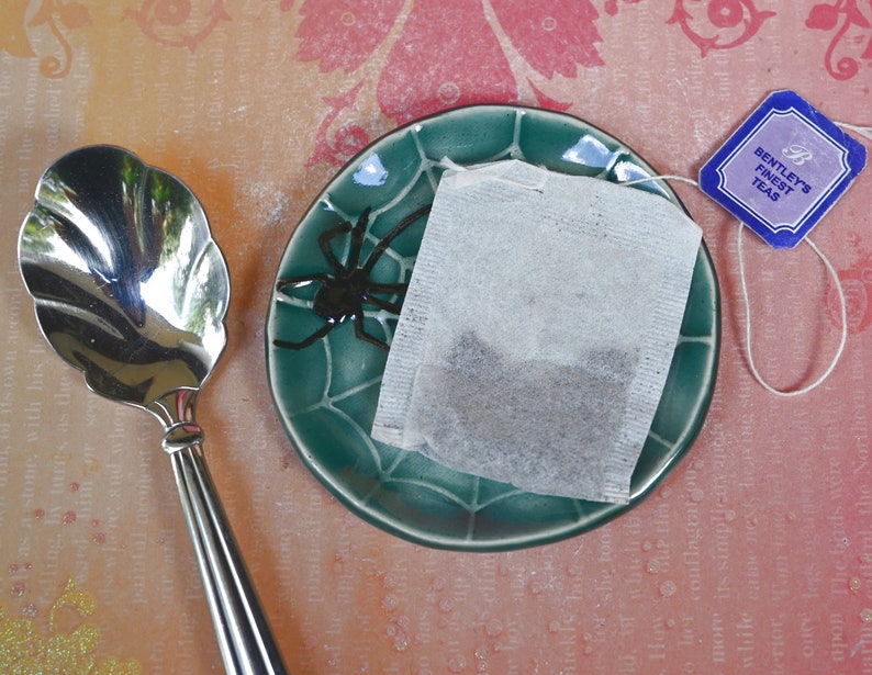 Spooky Halloween teaspoon rest. ORANGE spider web ring holder. Tea bag rest. Halloween decor. Trinket dish. Spooky tea light holder.